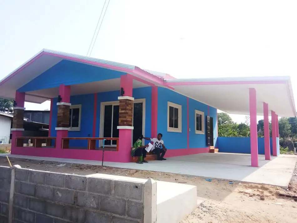 Gable-Shaped House with Pink & Blue