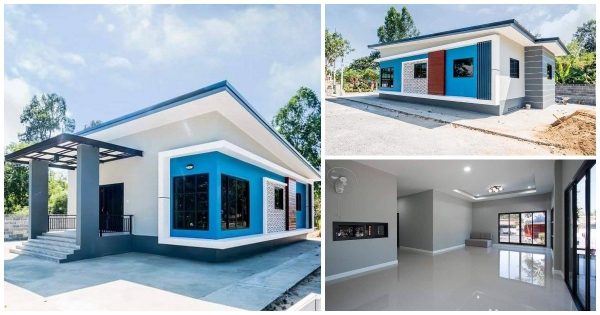 Stylish 1-Story Blue House Design with 3 Bedrooms