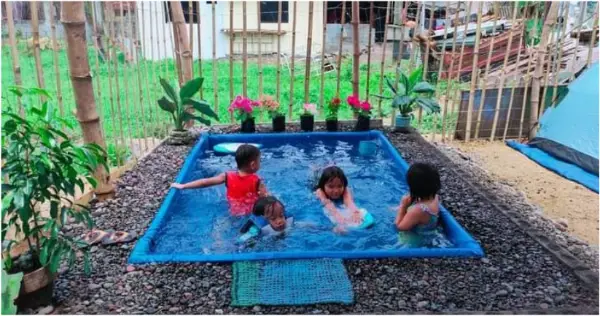 DIY Kiddie Swimming Pool in Your Yard, Plus Lovely Lights for Night Swimming